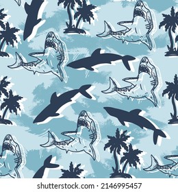 Seamless pattern with shark and palm. Background for wrapping paper, swimsuit, socks, clothes, stationery, web and other design