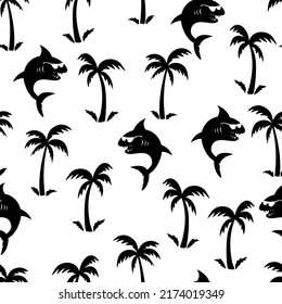 Patrón sin foco con tiburón y palmera. Antecedentes del papel de envoltura, traje de baño, medias, ropa, web y otros diseños