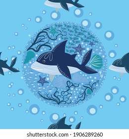 seamless pattern Shark in Scandinavian style surrounded by fish, starfish, seaweed, seashells, hand drawn
