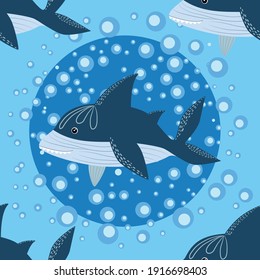 seamless pattern Shark in Scandinavian style surrounded by fish, starfish, seaweed, seashells, hand drawn