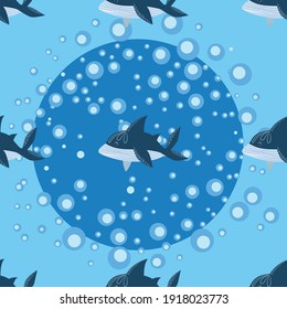 seamless pattern Shark in Scandinavian style surrounded by fish, starfish, seaweed, seashells, hand drawn