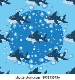 seamless pattern Shark in Scandinavian style surrounded by fish, starfish, seaweed, seashells, hand drawn