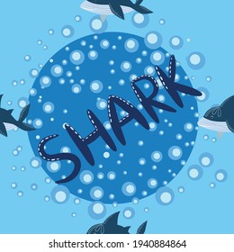 seamless pattern Shark in Scandinavian style surrounded by fish, starfish, seaweed, seashells, hand drawn