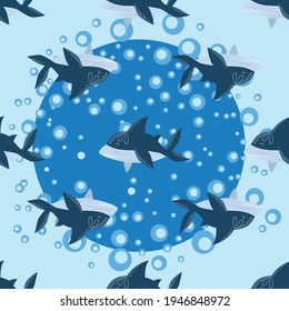 seamless pattern Shark in Scandinavian style surrounded by fish, starfish, seaweed, seashells, hand drawn