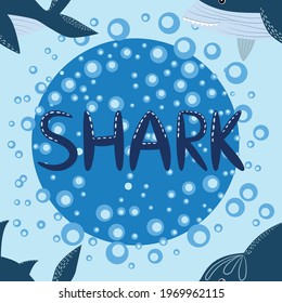 seamless pattern Shark in Scandinavian style surrounded by fish, starfish, seaweed, seashells, hand drawn