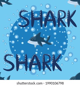 seamless pattern Shark in Scandinavian style surrounded by fish, starfish, seaweed, seashells, hand drawn