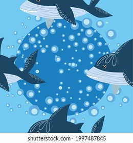 seamless pattern Shark in Scandinavian style surrounded by fish, starfish, seaweed, seashells, hand drawn