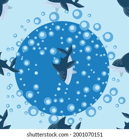 seamless pattern Shark in Scandinavian style surrounded by fish, starfish, seaweed, seashells, hand drawn