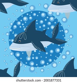 patrón ininterrumpido Tiburón al estilo escandinavo rodeado de peces, estrellas, algas marinas, conchas, dibujadas a mano