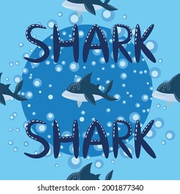 seamless pattern Shark in Scandinavian style surrounded by fish, starfish, seaweed, seashells, hand drawn