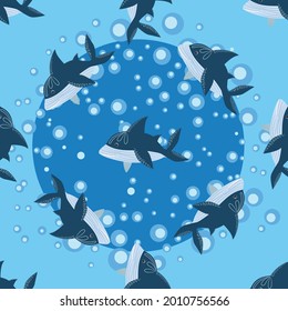 seamless pattern Shark in Scandinavian style surrounded by fish, starfish, seaweed, seashells, hand drawn