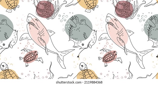 Seamless pattern with shark, sea turtle,fish. Pattern with marine life for background and design. Set of colorful hand drawings for design. Set of isolated marine inhabitants on a white background.