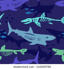 Seamless pattern with a shark skeleton. Grunge background for prints, T-shirts, textiles,fabric, web. Urban dark wallpaper.