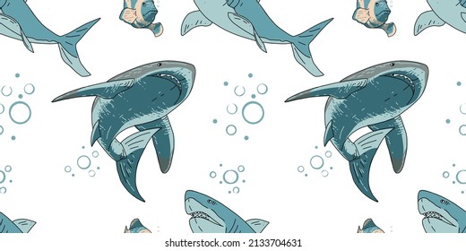 Seamless pattern with shark and small fish. Pattern with marine life for background and design. Set of colorful hand drawings for design. Set of isolated marine inhabitants on a white background.