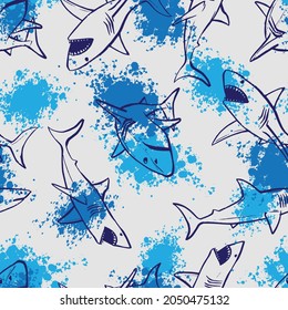 Seamless pattern of a shark and spray paint background elements