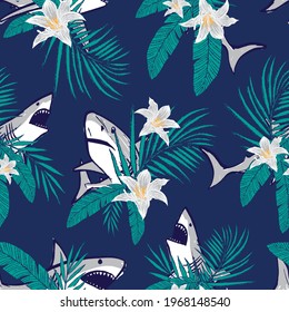 Seamless pattern of a shark with tropical flowers background elements.