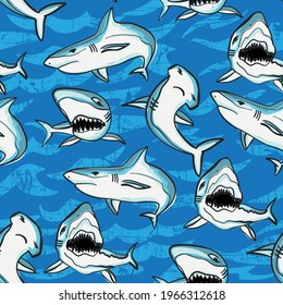 Seamless pattern with shark and wave. Vector background for fabric, textile, kids, clothes, active wear, web, socks and other designs.