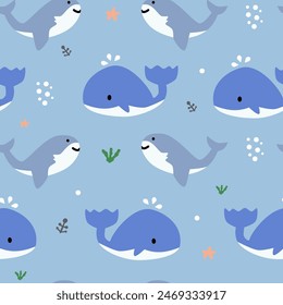 Seamless pattern with shark and whale