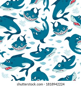 Seamless pattern with Sharks in cartoon style. Comic sharks emotions. Background with funny sea colors for children's room design, clothing, textiles, Wallpaper, digital paper. Vector illustration