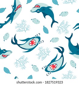 Seamless pattern with Sharks in cartoon style. Comic sharks emotions. Background with funny sea colors for children's room design, clothing, textiles, Wallpaper, digital paper. Vector illustration