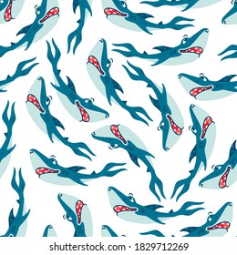 Seamless pattern with Sharks in cartoon style. Comic sharks emotions. Background with funny sea colors for children's room design, clothing, textiles, Wallpaper, digital paper. Vector illustration