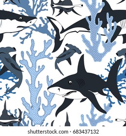 Seamless pattern with sharks and corals.Colorful vector sea background.Textile texture