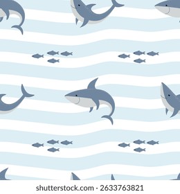 Seamless pattern with sharks and fish. Vector.	