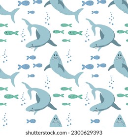 Seamless pattern with sharks and fishes on a white background. Background with cartoon sea animals. Baby print, vector