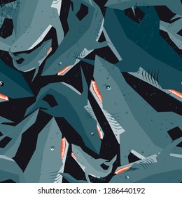 Seamless pattern with sharks. Grunge, neon texture pattern. Sports textile. Fashion military.