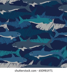 Seamless pattern with sharks on a blue background. The sea prater with cartoon and abstract sharks. For boys and girls, textiles, fabrics, wrapping paper, web, clothes