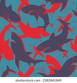 Seamless pattern with sharks on grunge textured background. Shark silhouette repeat print for sport textile, fashion clothes. Blue, red and grey colors big fish cover ornament