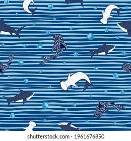 Seamless pattern sharks on white blue striped background. Cute print with Hammerhead, Whale, White shark and bubbles. Funny underwater animals for childish fabric. Vector illustration design.