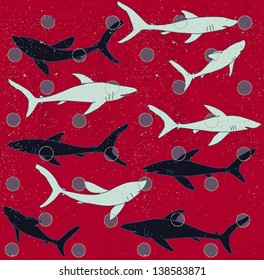 Seamless pattern of sharks over polka-dot. EPS 10 vector