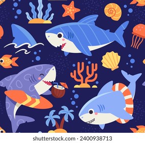 Seamless pattern with sharks. Repeating design element for printing on fabric. Underwater animals with fin, fish and corals. Marine dwellers. Sea fauna and flora. Cartoon flat vector illustration