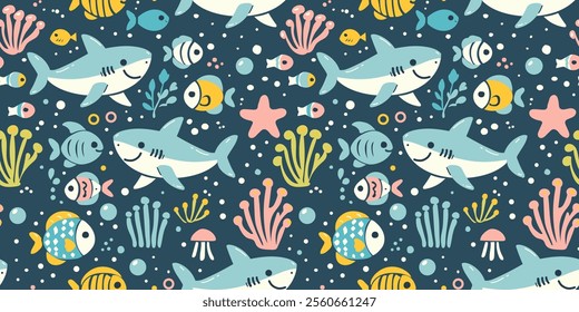 Seamless pattern with sharks. Repeating design element for printing on fabric. Underwater animals with fin, fish and corals. Marine pattern for kids. Cartoon flat vector illustration