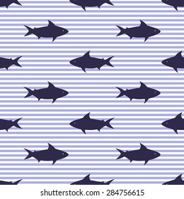 Seamless pattern with sharks and stripes.  Cute sea life illustration. Nautical background.