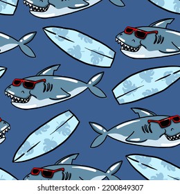 Seamless pattern of a sharks and surf with blue background elements