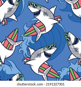 Seamless pattern of a Sharks surfing background elements.