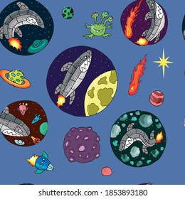 seamless pattern with shark-shaped rocket
