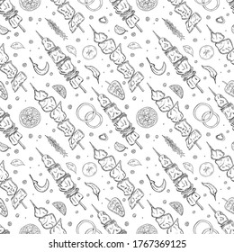 Seamless pattern with shashlik meat baked on grill on skewer on white background. Pepper, onion rings, chili pepper, cucumber, vegetable, kebab, garlic, clove ingredients. Vector hand drawn sketch