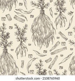 Seamless pattern with shatavari: shatavari root, plant and leaves. Protasparagus racemosus. Cosmetic and medical plant. Vector hand drawn illustration