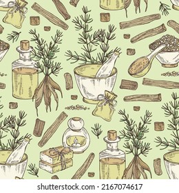 Patrón sin foco con shatavari: raíz shatavari, planta y hojas. Protasparagus racemosus.  Aceite, jabón y sal de baño. Cosméticos y plantas médicas. Ilustración dibujada a mano por el vector