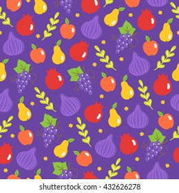 Seamless pattern with Shavuot fruits and Jewish stars. Fig, pomegranate, grapes, pear, apple. Perfect for wallpaper, food background and jewish holidays. Vector illustration