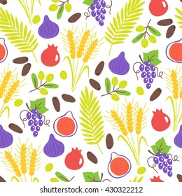 Seamless pattern with Shavuot seven species. Fig, pomegranate, wheat, barley, grapes, olive, date fruit. Perfect for wallpaper, food background and jewish holidays. Vector illustration