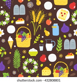 Seamless pattern with Shavuot symbols. Fig, pomegranate, wheat, barley, grapes, olive, date fruit, ice cream, cheese, milk, cheesecake, cottage cheese, flowers, wreath, apple, pear, commandments