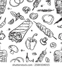 Seamless pattern with shawarma chicken roll, fresh vegetables in brush stroke texture isolated on white. Hand drawn vector sketch illustration in vintage charcoal ink style. Wrapping paper, print