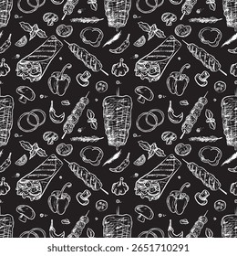 Seamless pattern with shawarma chicken roll, fresh vegetables in chalk texture isolated on black board. Hand drawn vector sketch illustration in vintage charcoal ink style. Wrapping paper, print