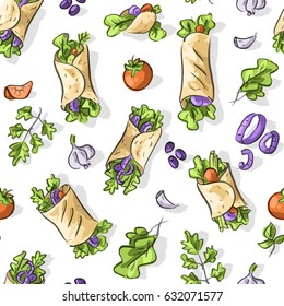 Seamless pattern with shawarma and sandwich, tomatoes, garlic, onion and leaves