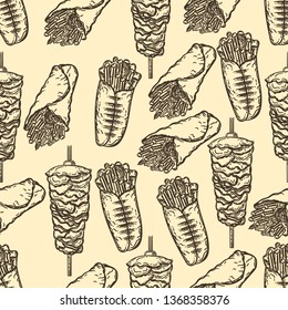 Seamless pattern of shawarma in the style of engraving.