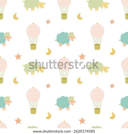 Seamless pattern with sheep, air balloons, stars and moon. Children seamless pattern for cards, designs, postcards, icons, etc